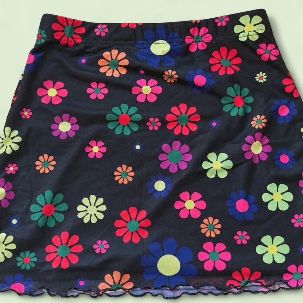Floral Print Mesh Mini Skirt Black Multi Color Lettuce Edge Daisy Y2K Small